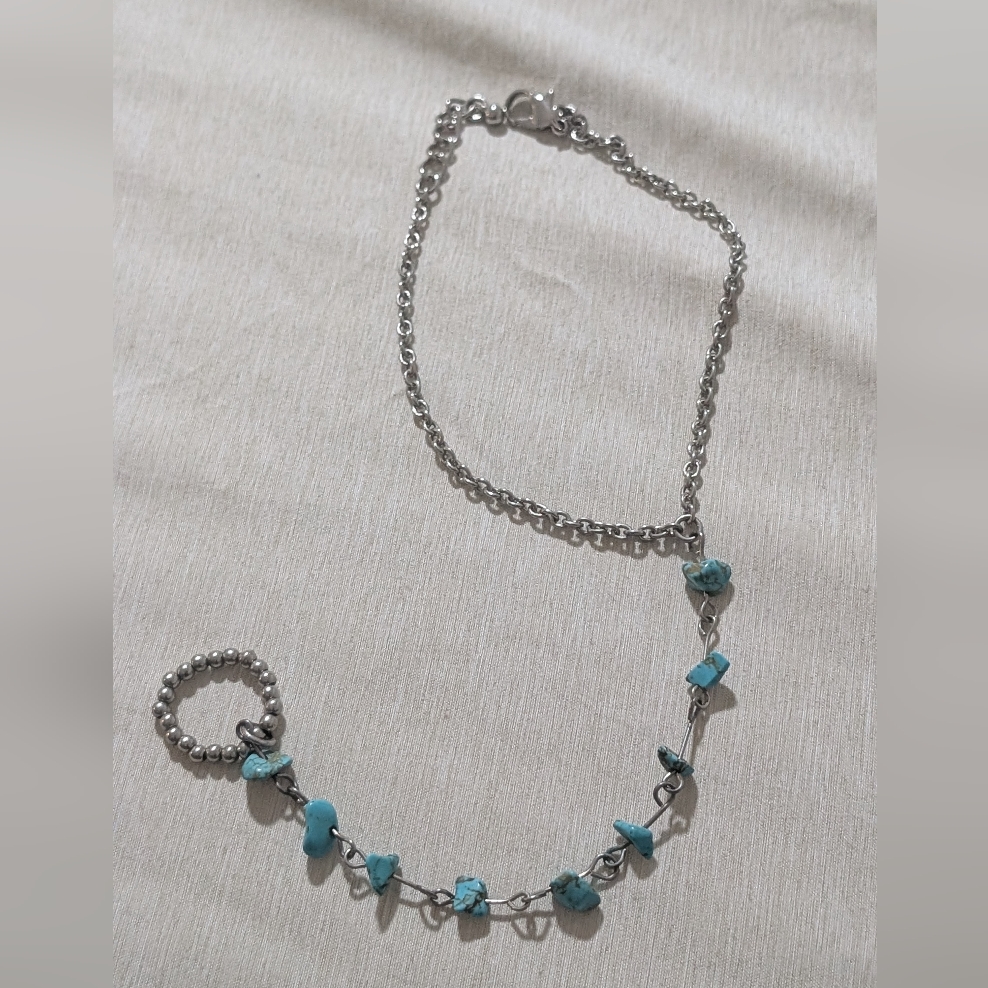 Silver And Turquoise Beaded Bracelet With Adjustable Ring